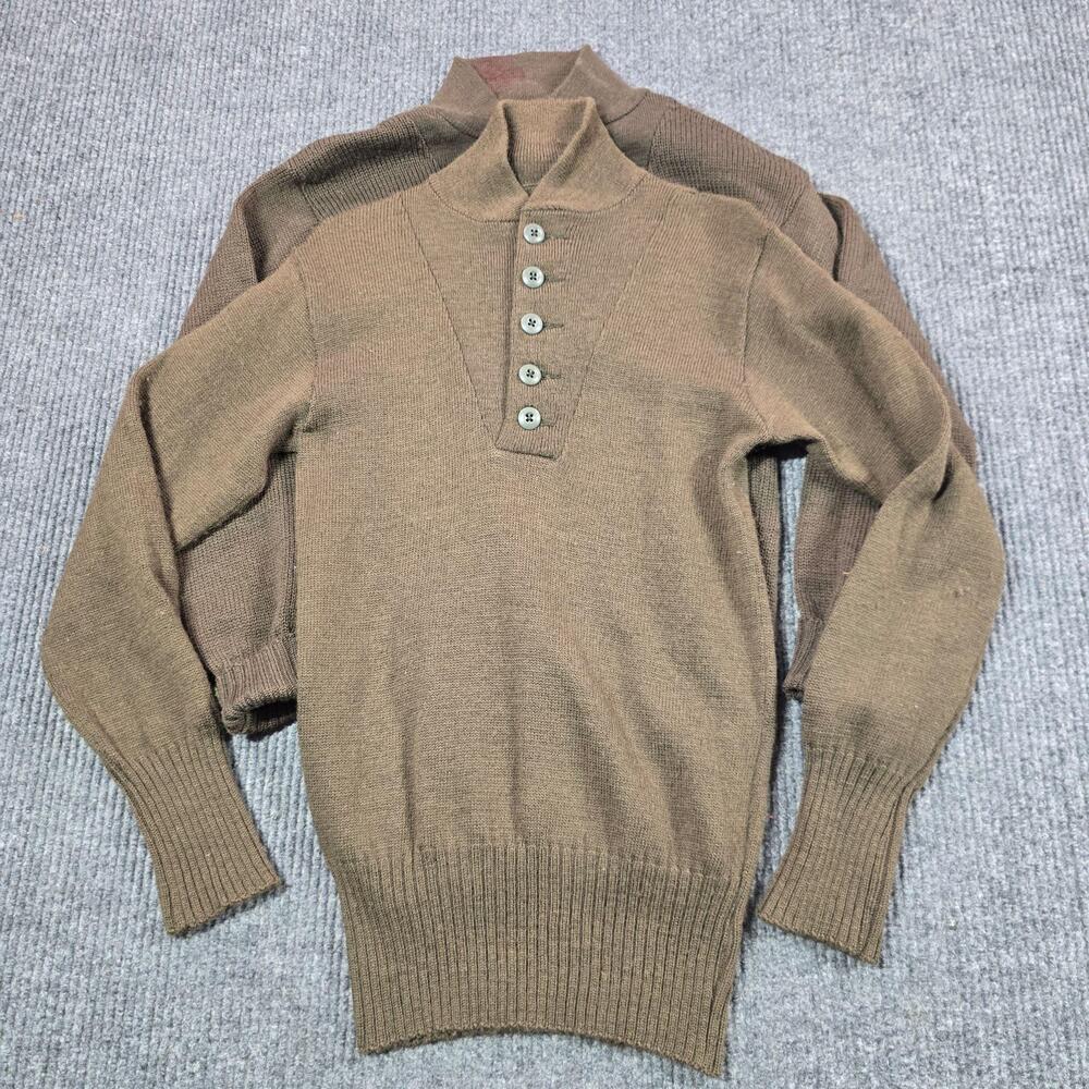VTG Form-Knit Wool Sweater Mens Small OD Green Henley Mock Military 80s LOT of 2